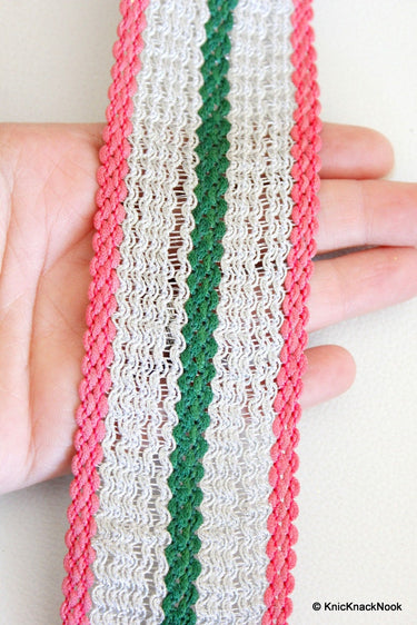 Silver, Pink And Green Thread Lace Trim, Approx. 52mm wide